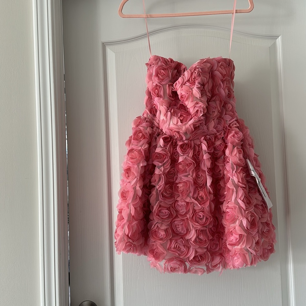 Dress the Population Coral Pink Rosette Strap Mini Dress - Picture 2 of 5